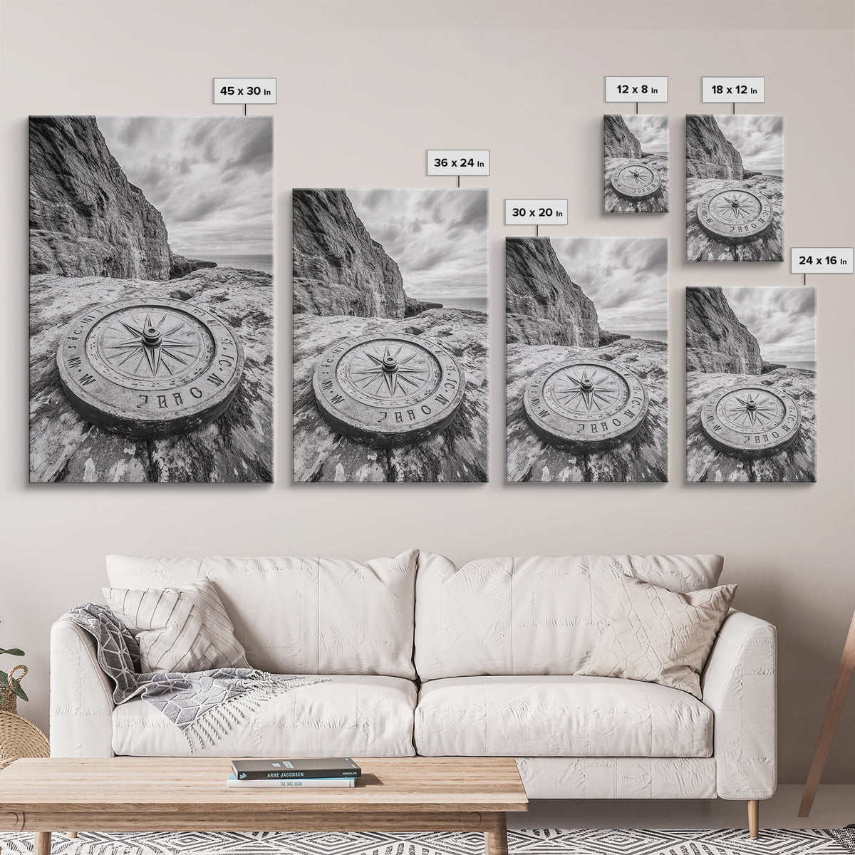 Compass On Cliff, Adventure Travel Art, Nautical Wall Decor, Framed Canvas Print