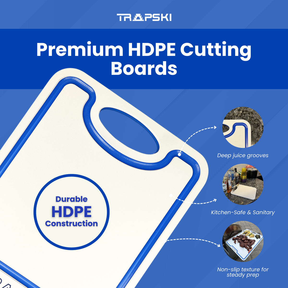 TRAPSKI Premium 1/2 Inch Thick HDPE Cutting Boards | Food-Grade Kitchen Prep Surface