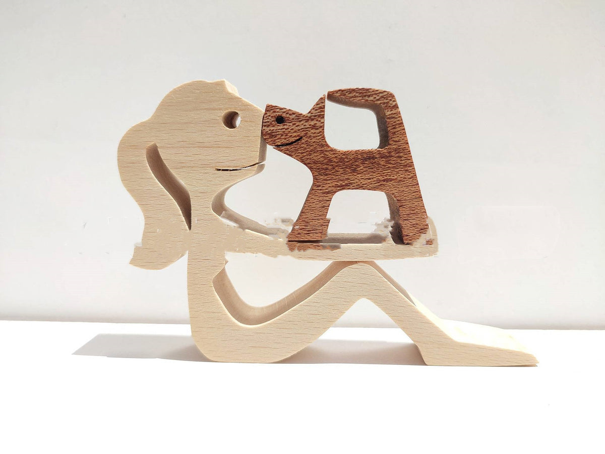 DIY Figurine Wood Dog Ornament Sculpture Home Decoration A Man A Dog Wood Sculpture