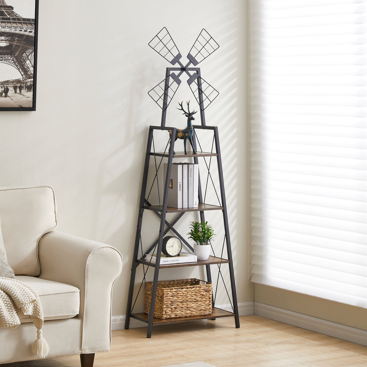 4-Tier Narrow Book Shelf, Bookcase Rustic Brown and Black