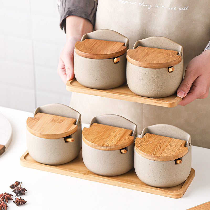 Japanese Ceramic Bamboo and Wood Lid Seasoning Jar Seasoning Box Kitchen Seasoning