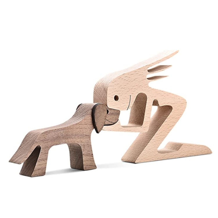 DIY Figurine Wood Dog Ornament Sculpture Home Decoration A Man A Dog Wood Sculpture