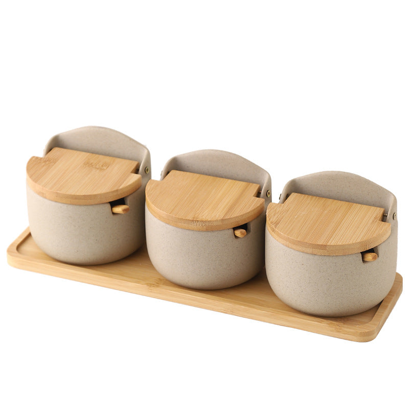 Japanese Ceramic Bamboo and Wood Lid Seasoning Jar Seasoning Box Kitchen Seasoning