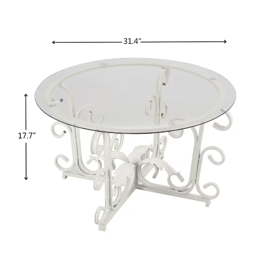 Leaf Base Metal Round Coffee Table, Tempered Glass Top Cocktail Table