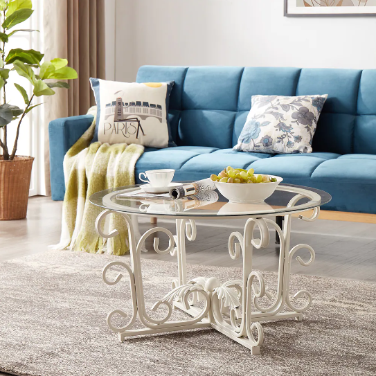 Leaf Base Metal Round Coffee Table, Tempered Glass Top Cocktail Table