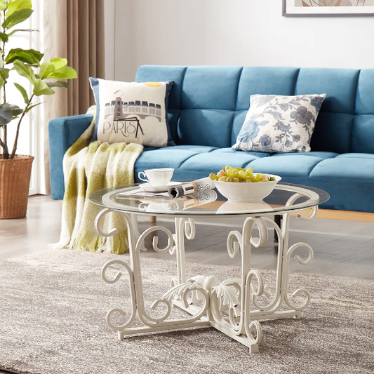 Leaf Base Metal Round Coffee Table, Tempered Glass Top Cocktail Table