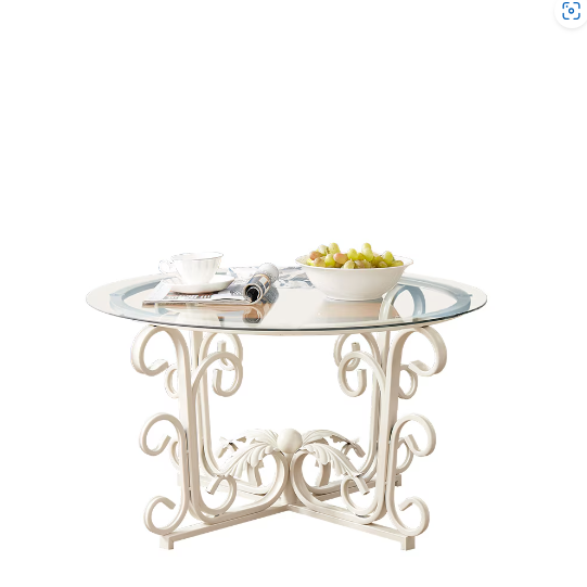 Leaf Base Metal Round Coffee Table, Tempered Glass Top Cocktail Table