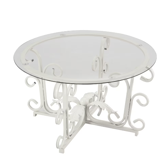 Leaf Base Metal Round Coffee Table, Tempered Glass Top Cocktail Table