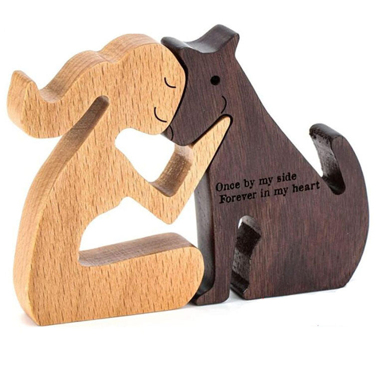 DIY Figurine Wood Dog Ornament Sculpture Home Decoration A Man A Dog Wood Sculpture