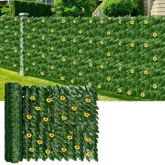 Green Artificial Ivy Privacy Fence Screen Outdoor With Sunflowers Fake Ivy Wall Panel