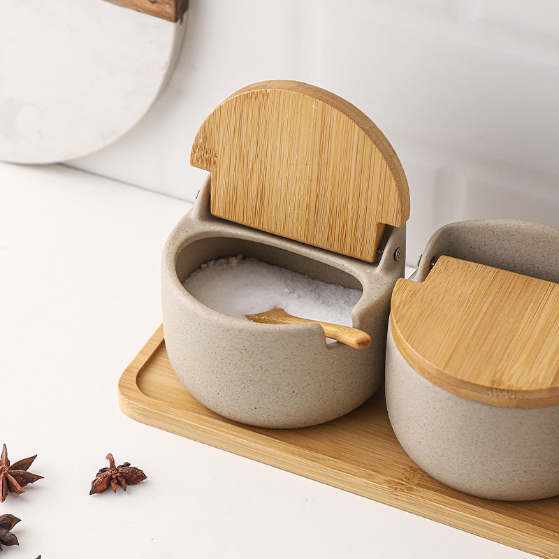 Japanese Ceramic Bamboo and Wood Lid Seasoning Jar Seasoning Box Kitchen Seasoning