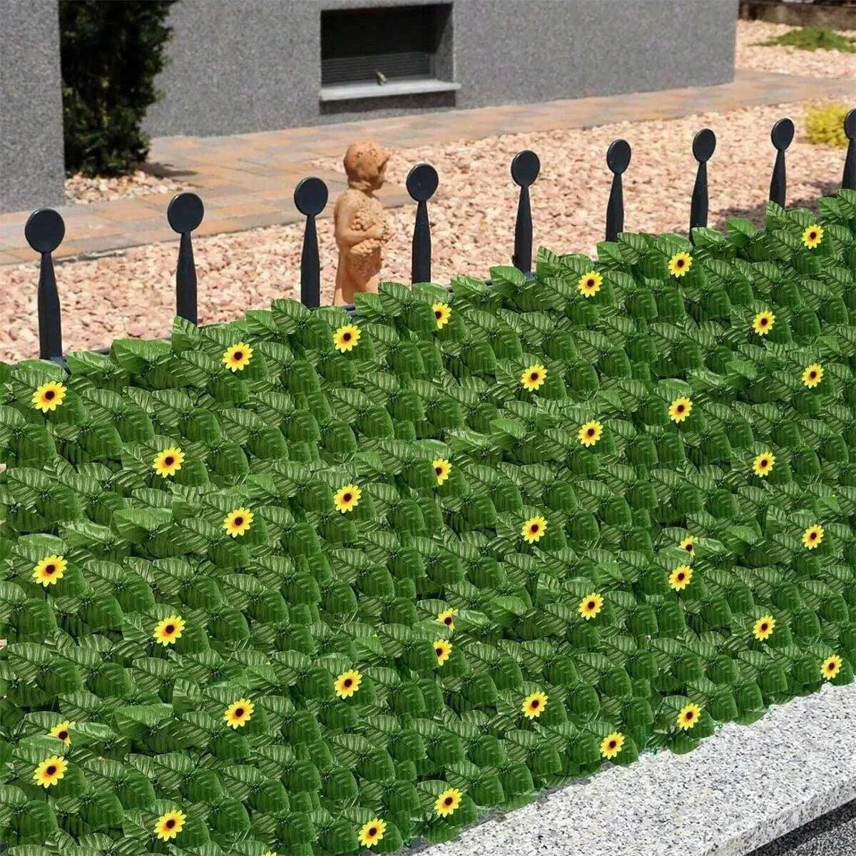 Green Artificial Ivy Privacy Fence Screen Outdoor With Sunflowers Fake Ivy Wall Panel