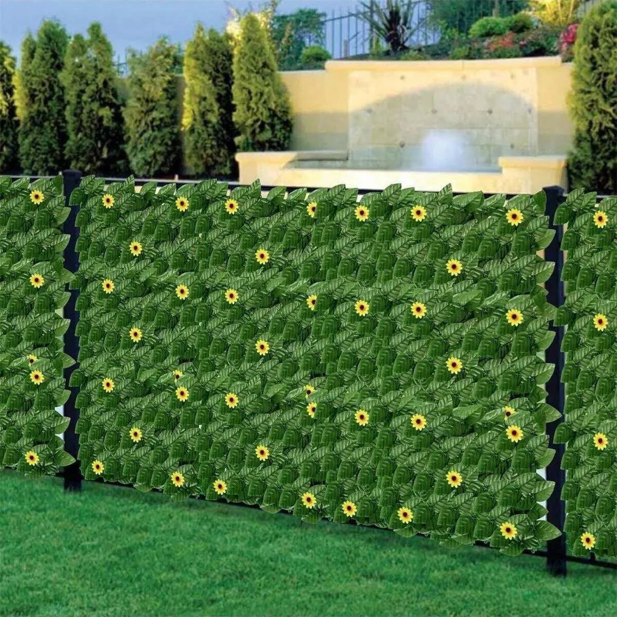 Green Artificial Ivy Privacy Fence Screen Outdoor With Sunflowers Fake Ivy Wall Panel