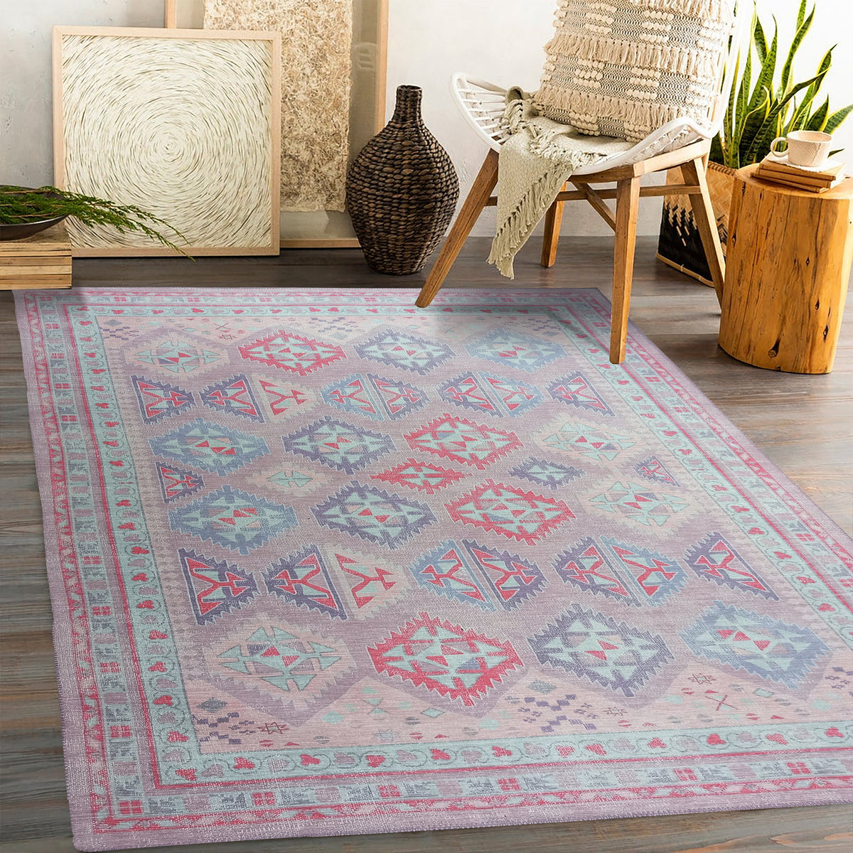 Alora Pink & Lavender Herki Vintage Oushak Rug