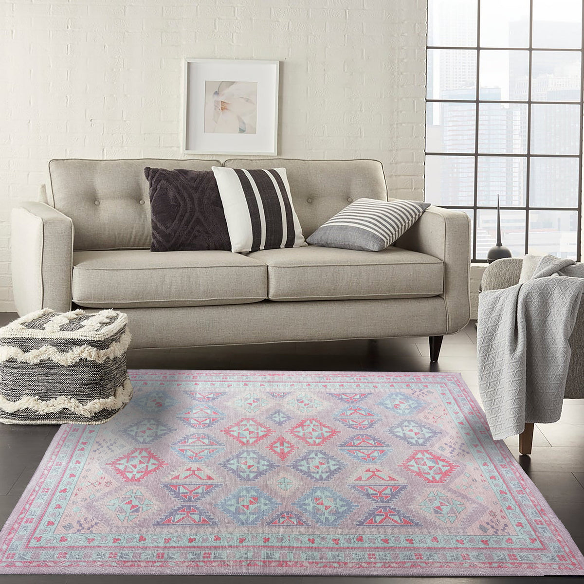 Alora Pink & Lavender Herki Vintage Oushak Rug