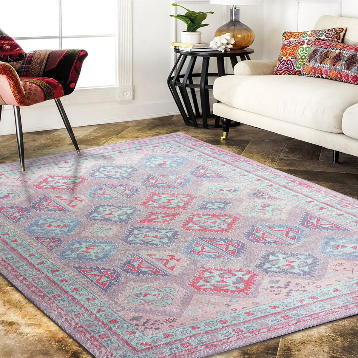 Alora Pink & Lavender Herki Vintage Oushak Rug