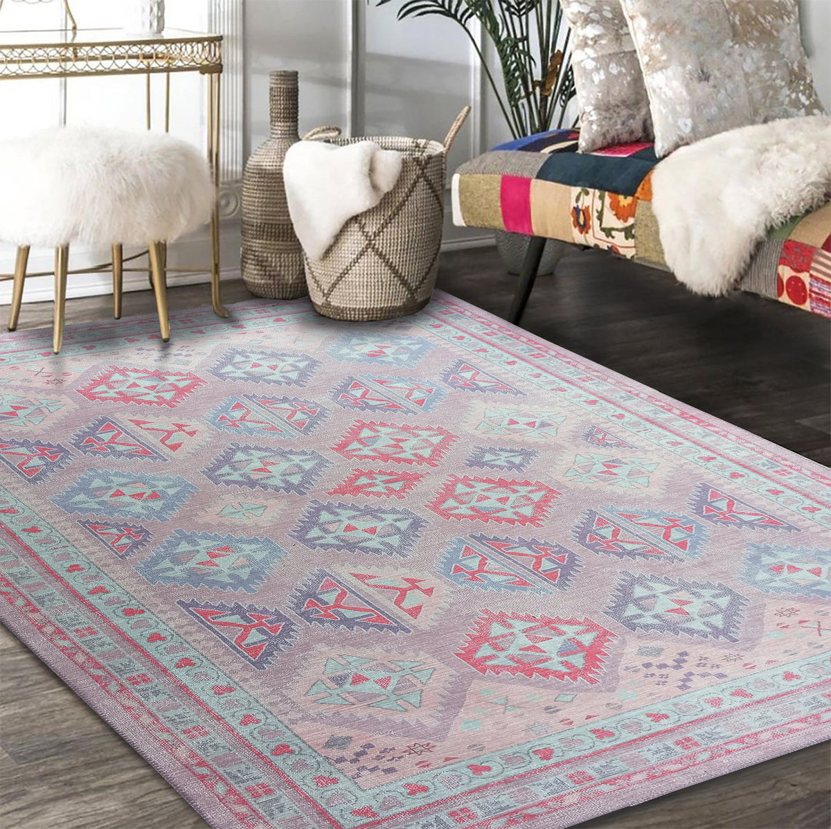 Alora Pink & Lavender Herki Vintage Oushak Rug