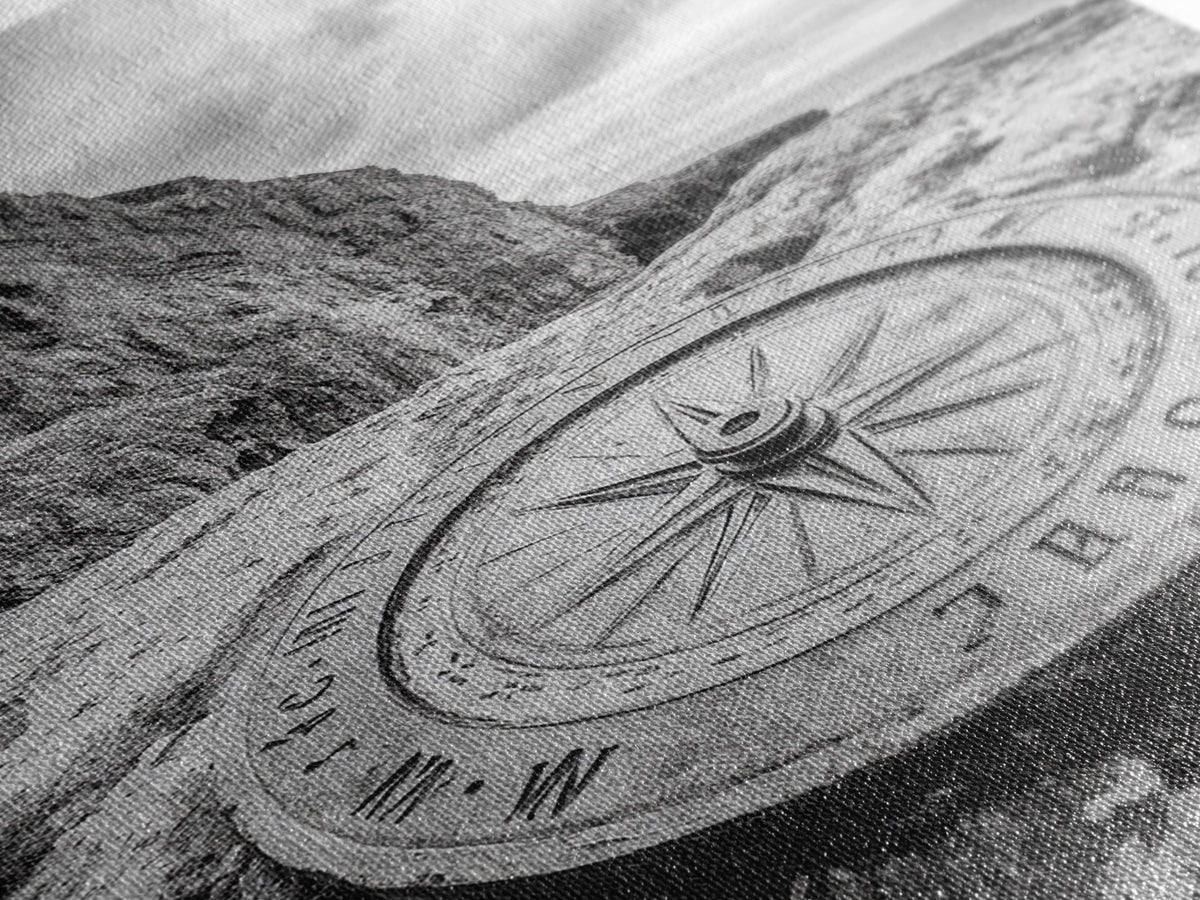 Compass On Cliff, Adventure Travel Art, Nautical Wall Decor, Framed Canvas Print