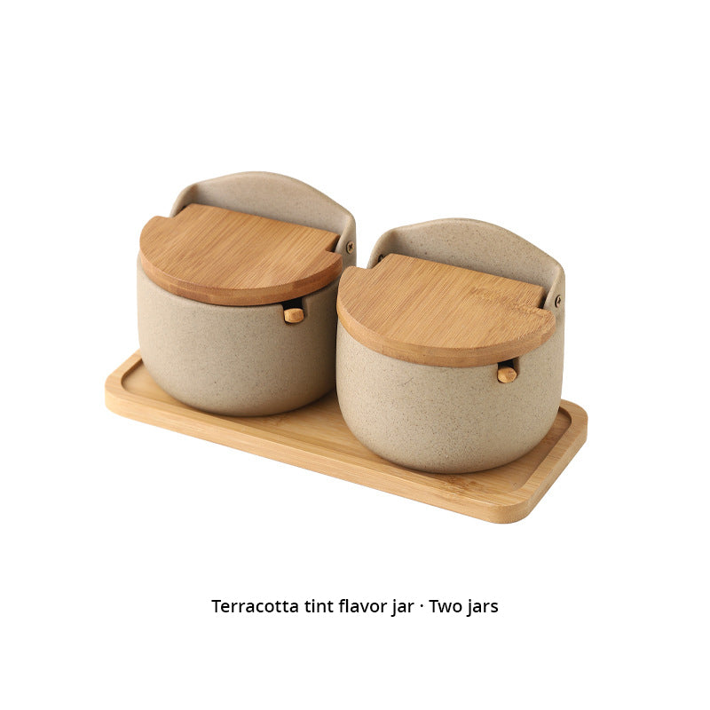 Japanese Ceramic Bamboo and Wood Lid Seasoning Jar Seasoning Box Kitchen Seasoning