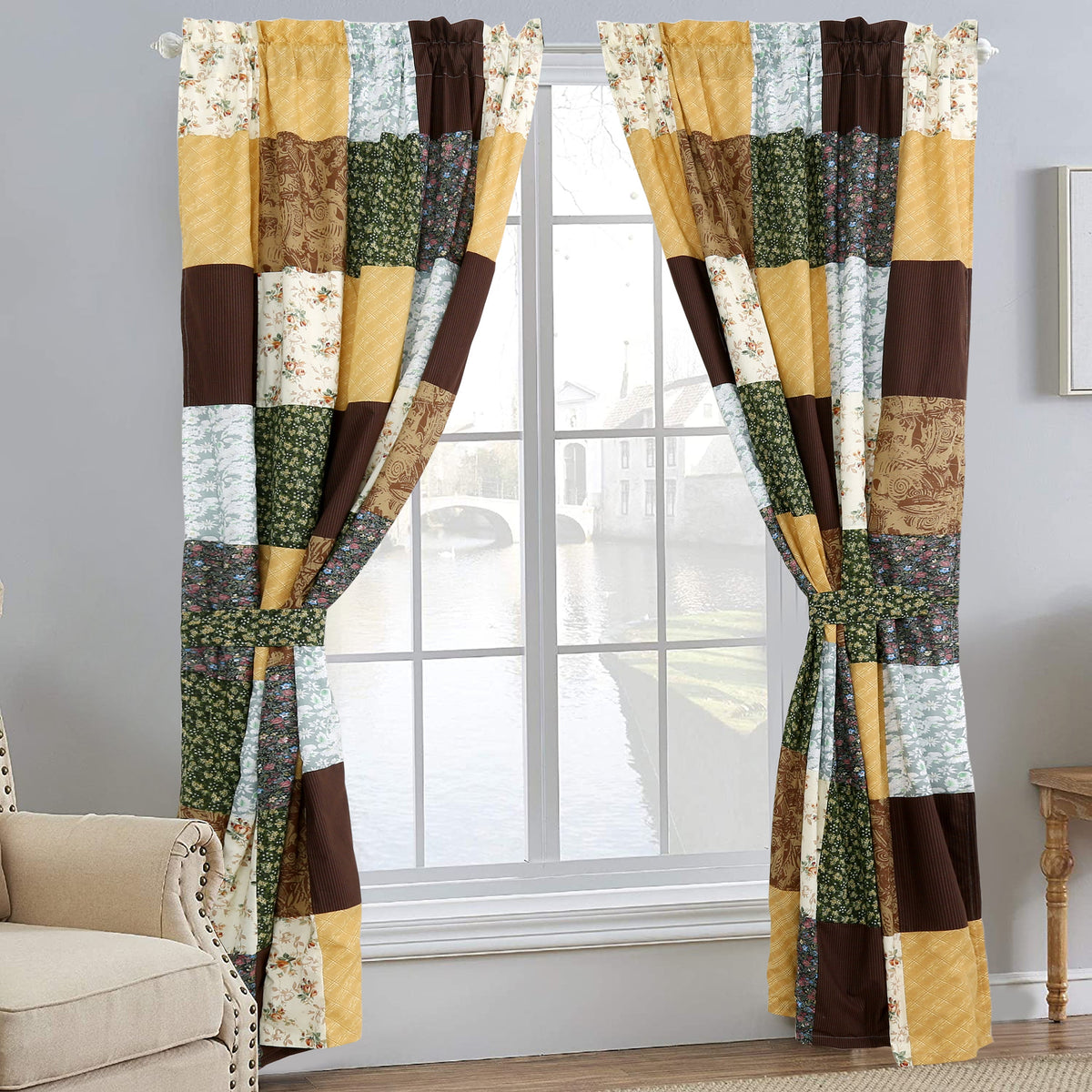 Huitt Country Farmhouse Vintage Floral Patchwork Window Curtain Panel/Drapes