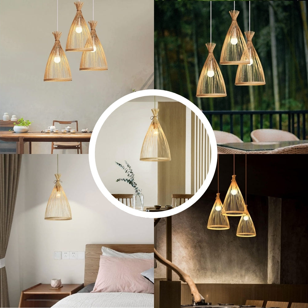 Rustic Bamboo Cone Pendant Light | Wabi-Sabi Decor