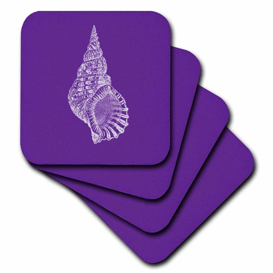 3dRose InspirationzStore- Purple Conical seashell print white beach sea shell spiral- Coasters