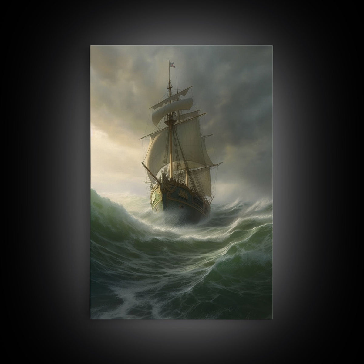 Haunted Pirate Ghost Ship On Rough Seas, Framed Canvas Print
