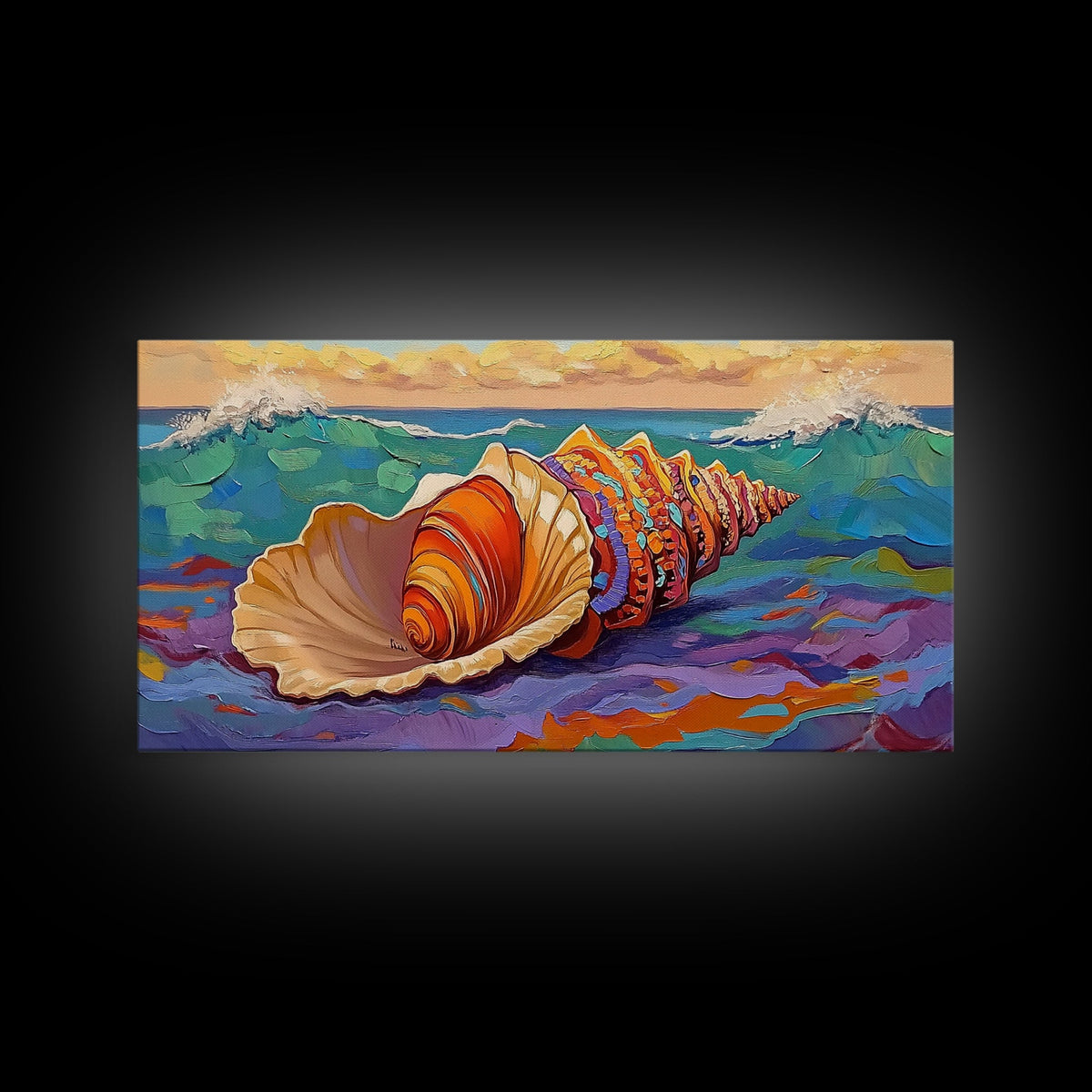 Seashell Ocean, Beach, Canvas Print, Nautical Bathroom Wall Art, Vibrant Marine Painting