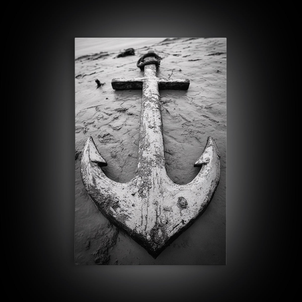 Abandoned Anchor, Nautical Decor, Black White Beach, Framed Canvas Print, Rustic