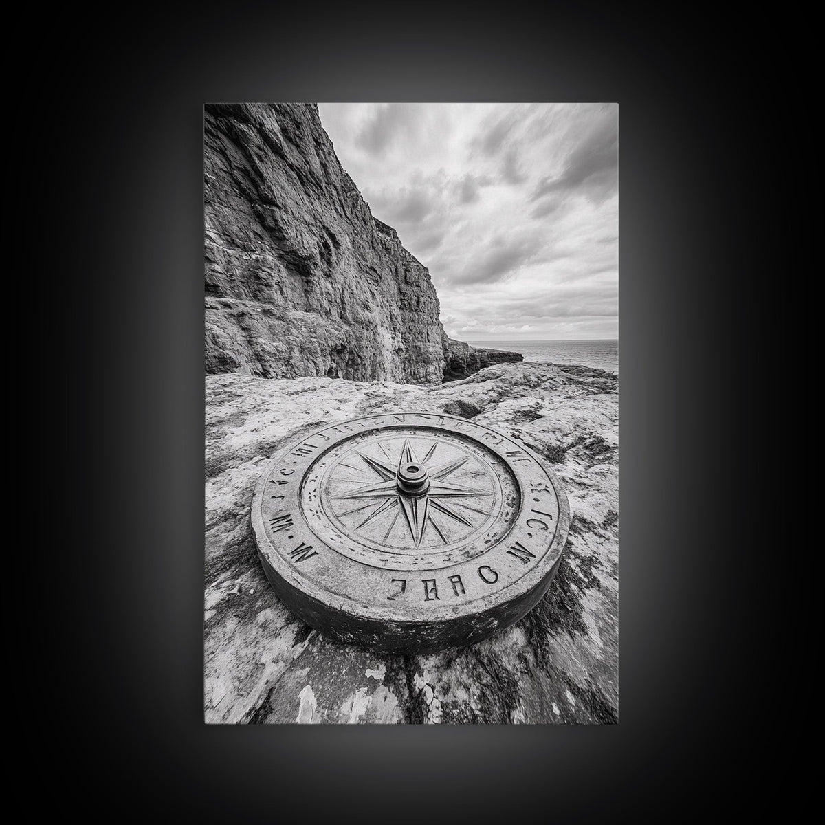 Compass On Cliff, Adventure Travel Art, Nautical Wall Decor, Framed Canvas Print