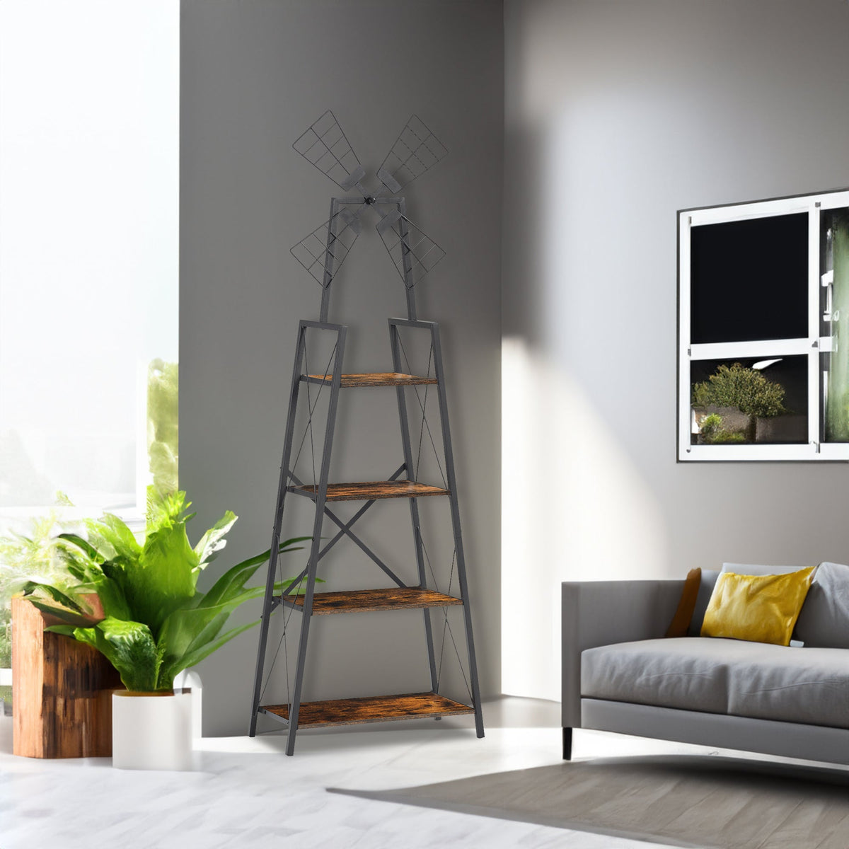 4-Tier Narrow Book Shelf, Bookcase Rustic Brown and Black