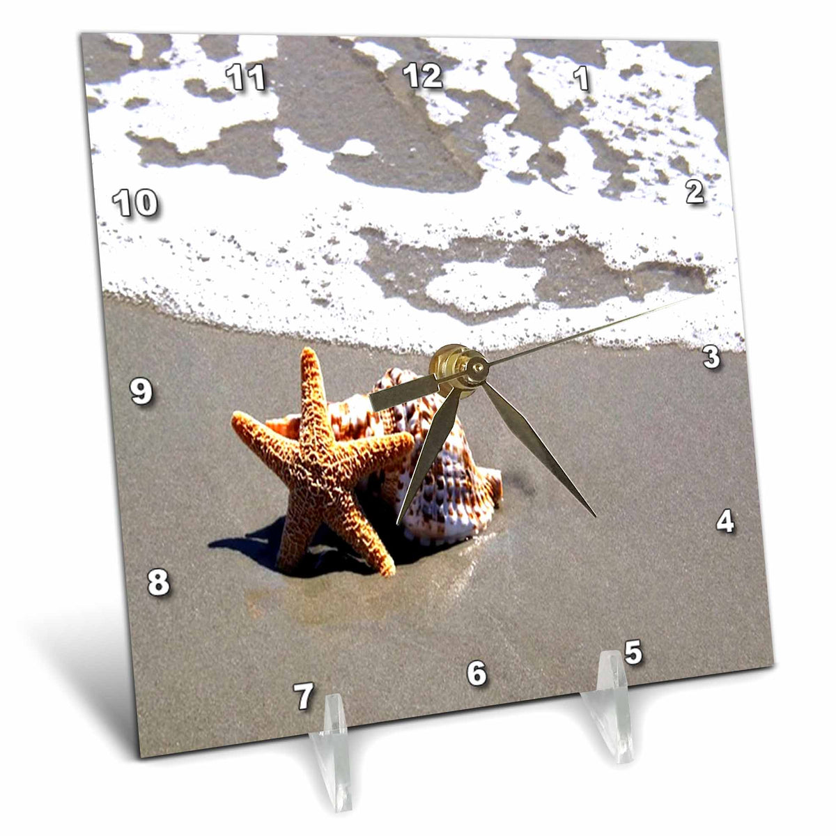 3dRose Florene - Shells - Print of Star Fish and Seashell On Beach - Desk Clocks (dc_205064)