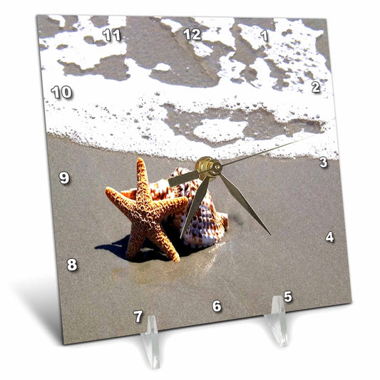 3dRose Florene - Shells - Print of Star Fish and Seashell On Beach - Desk Clocks (dc_205064)