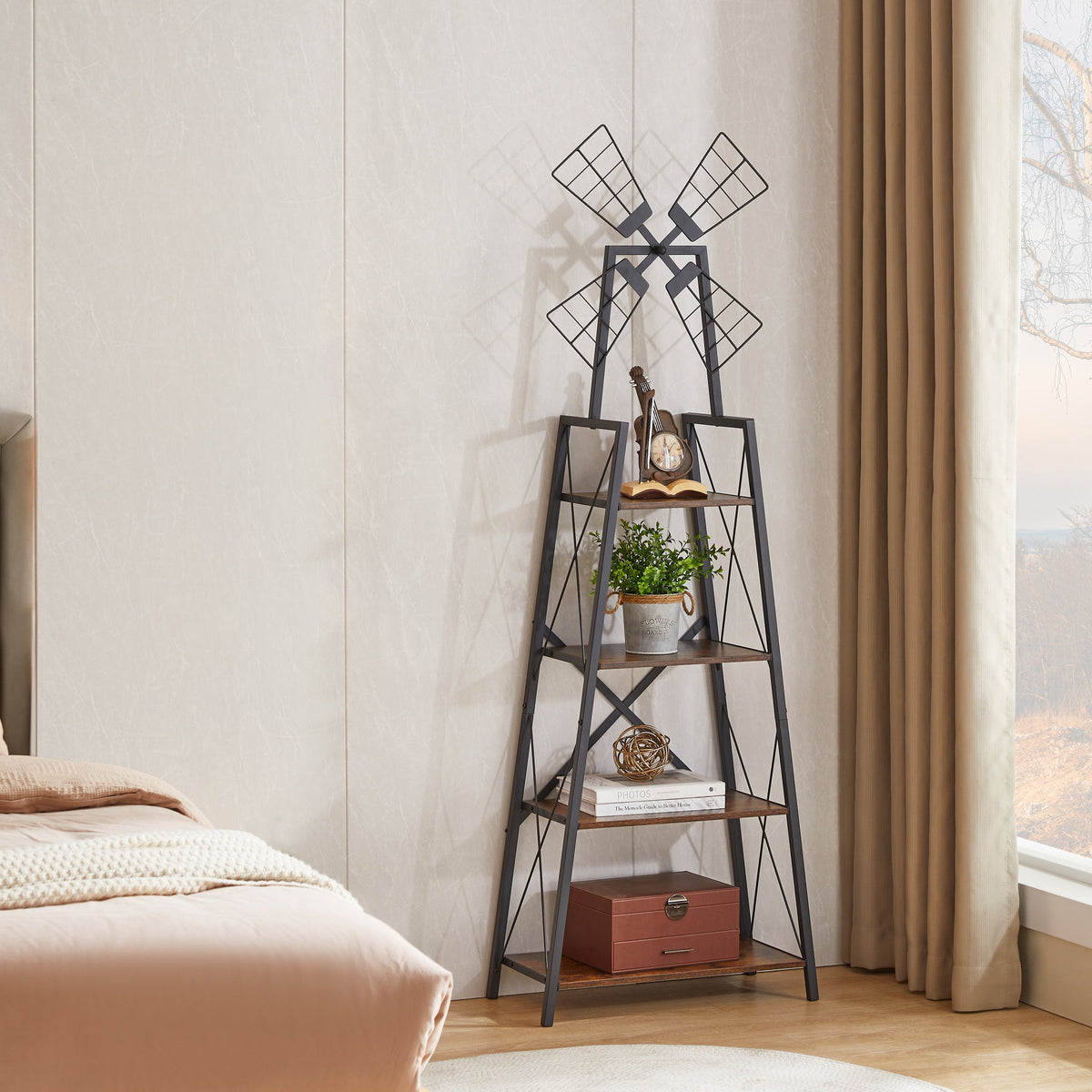 4-Tier Narrow Book Shelf, Bookcase Rustic Brown and Black