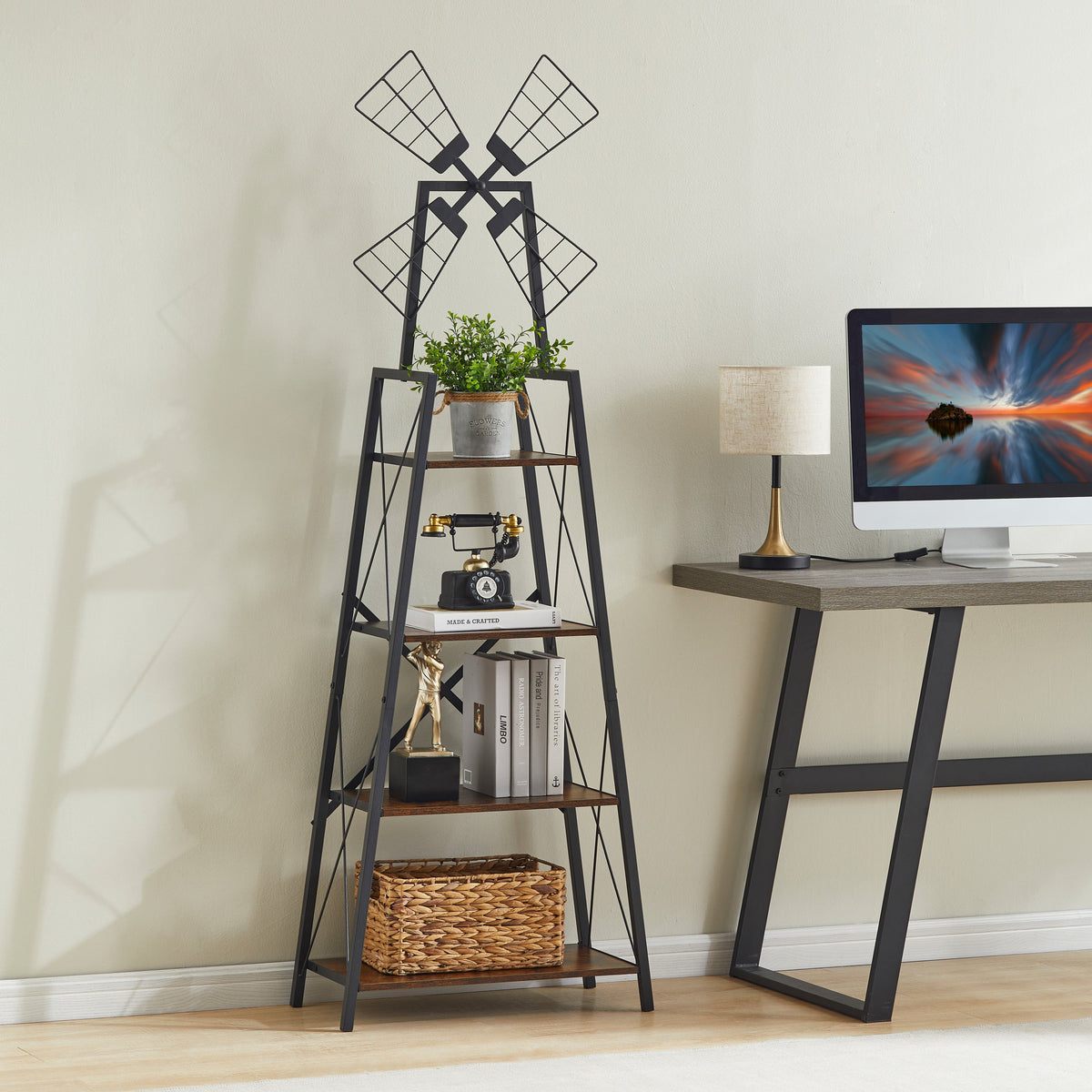 4-Tier Narrow Book Shelf, Bookcase Rustic Brown and Black