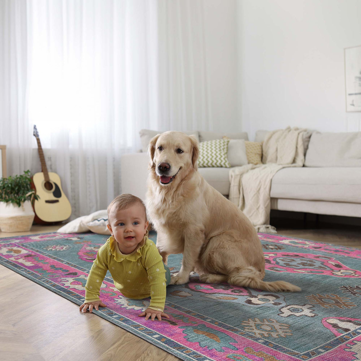 Green Pink Oushak Washable Rug