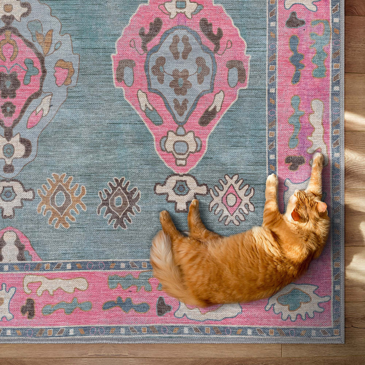 Green Pink Oushak Washable Rug