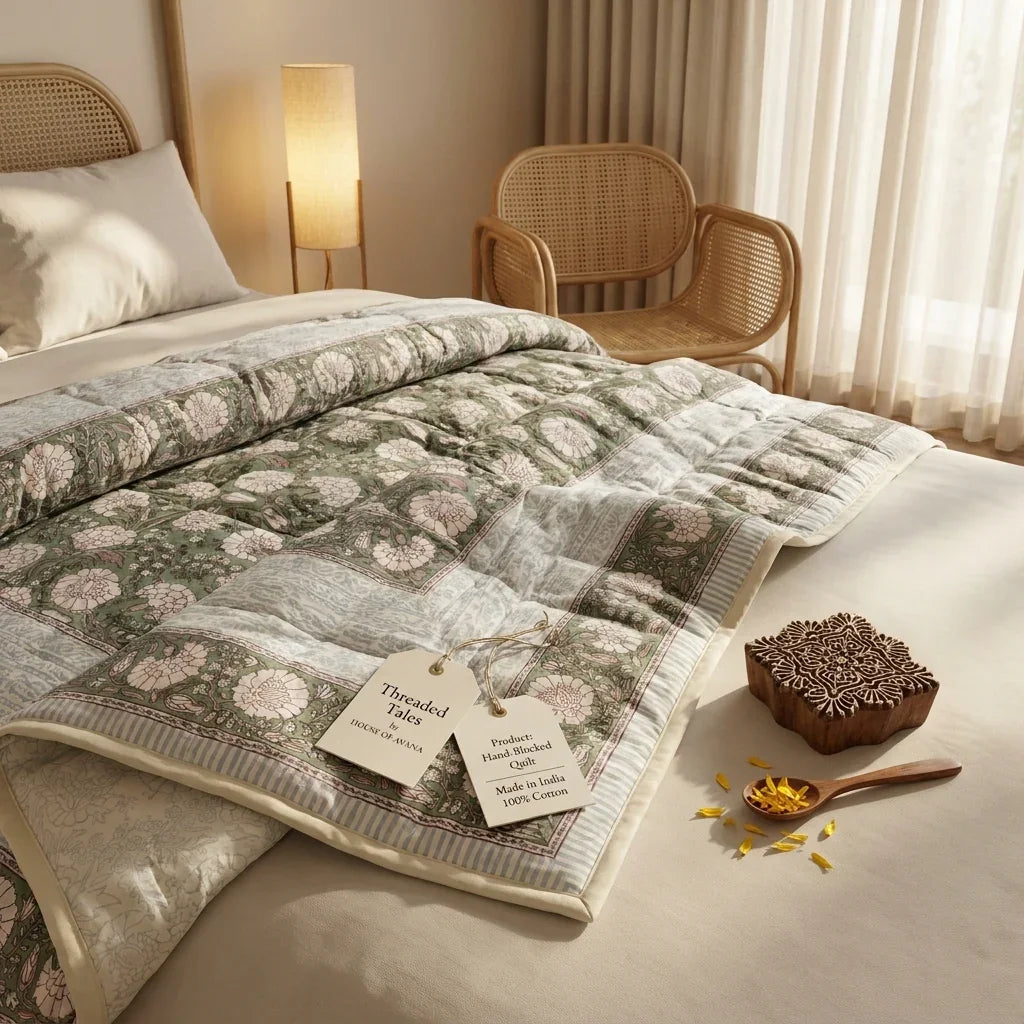 Forest Green Floral Jaipur Indian Hand Block Print Quilted Comforter