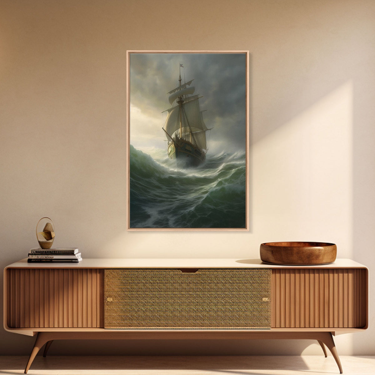 Haunted Pirate Ghost Ship On Rough Seas, Framed Canvas Print