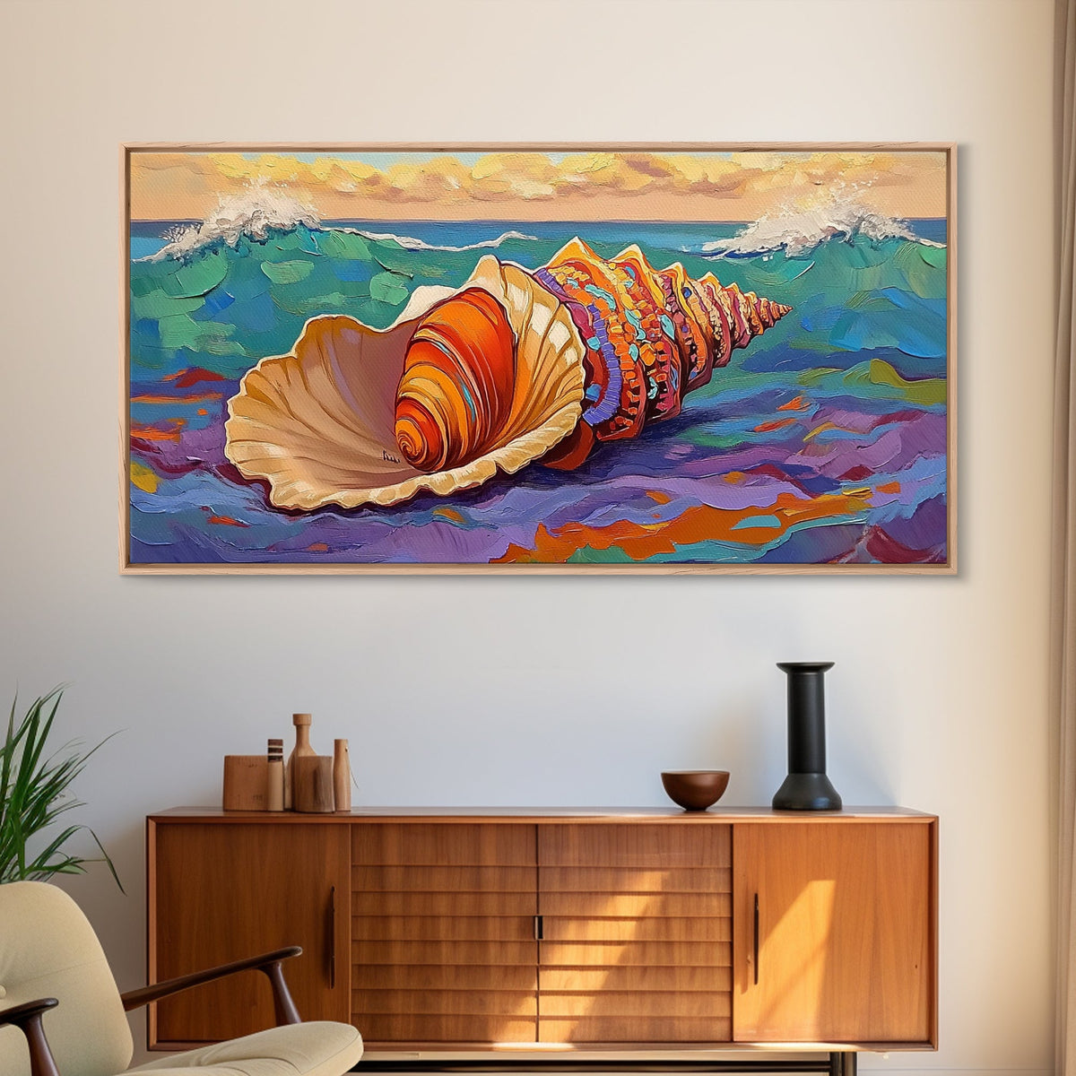 Seashell Ocean, Beach, Canvas Print, Nautical Bathroom Wall Art, Vibrant Marine Painting