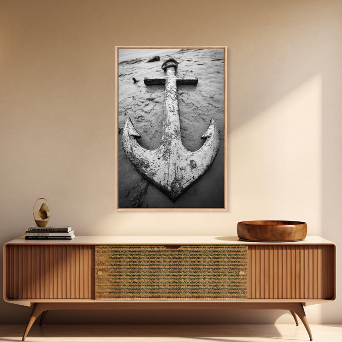 Abandoned Anchor, Nautical Decor, Black White Beach, Framed Canvas Print, Rustic