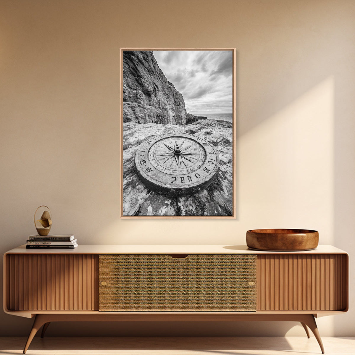 Compass On Cliff, Adventure Travel Art, Nautical Wall Decor, Framed Canvas Print