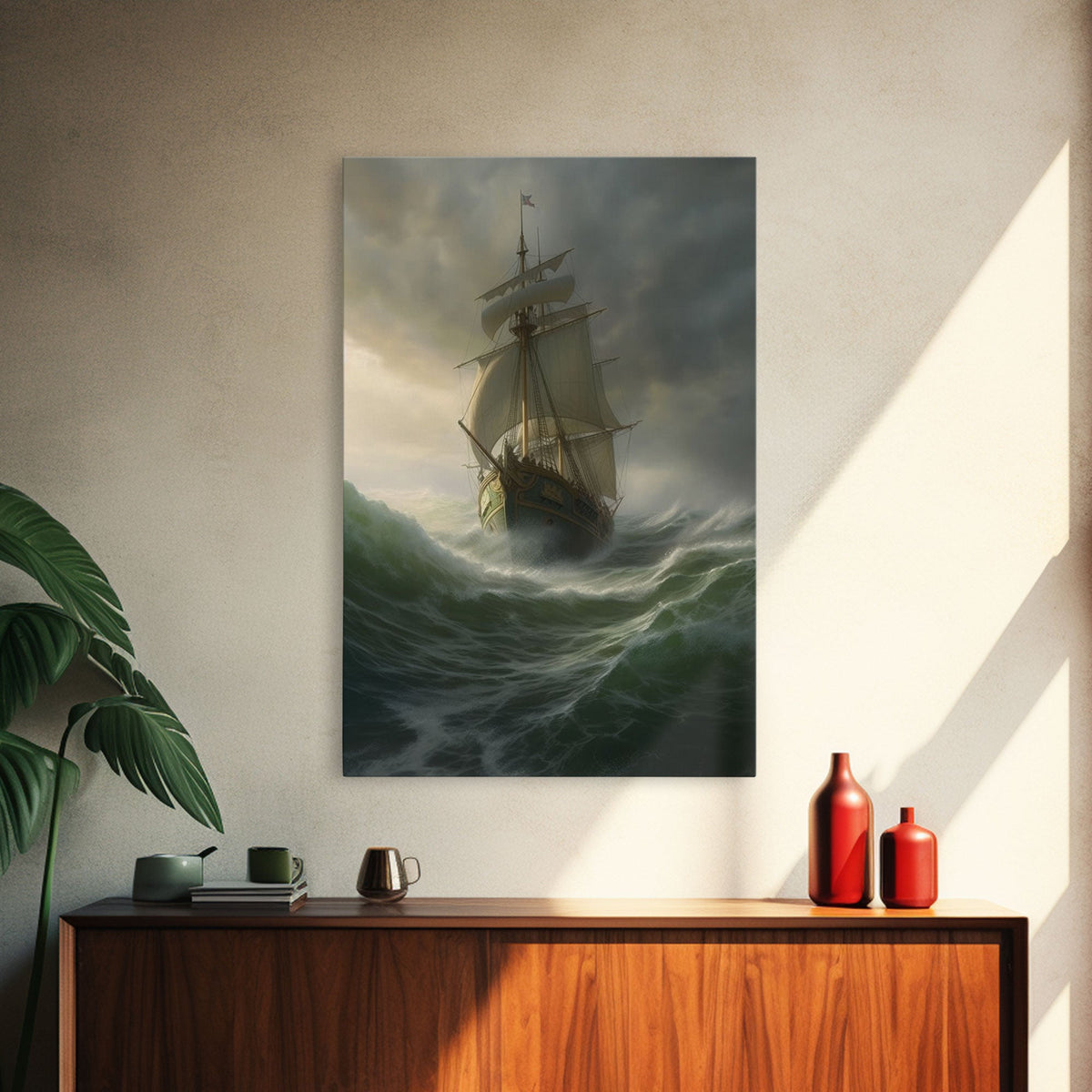Haunted Pirate Ghost Ship On Rough Seas, Framed Canvas Print