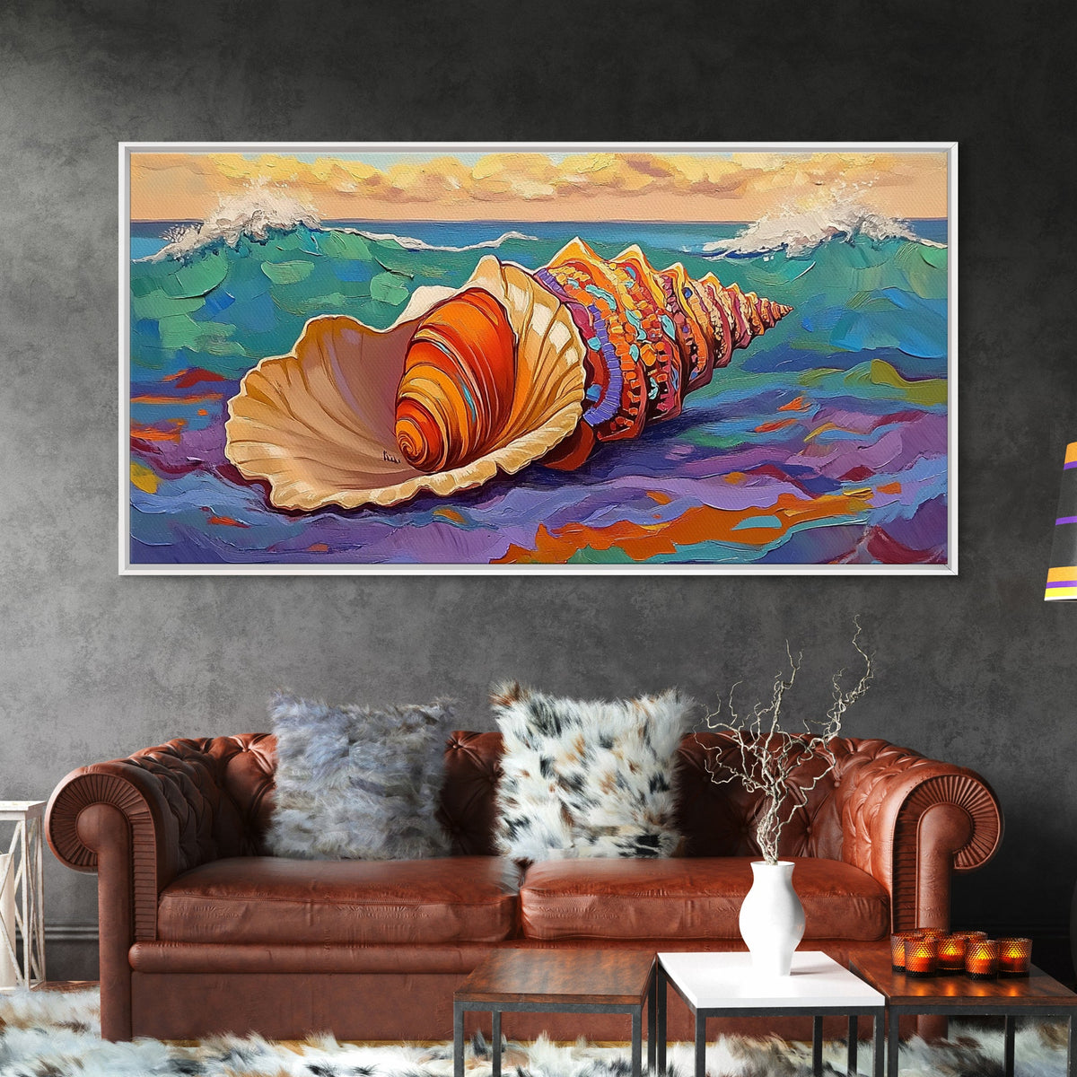 Seashell Ocean, Beach, Canvas Print, Nautical Bathroom Wall Art, Vibrant Marine Painting