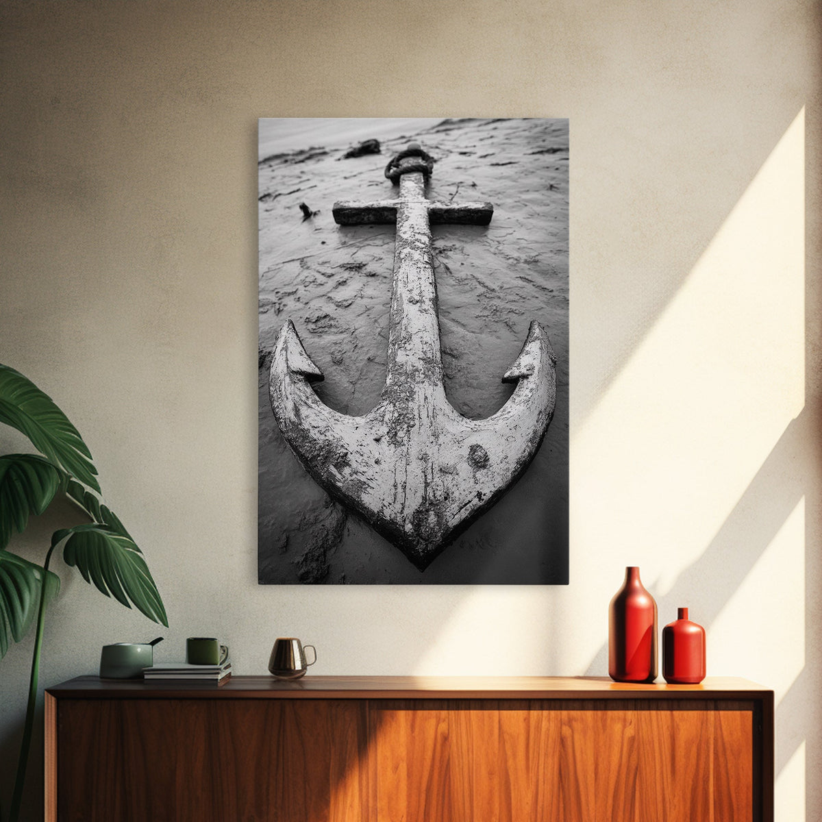 Abandoned Anchor, Nautical Decor, Black White Beach, Framed Canvas Print, Rustic