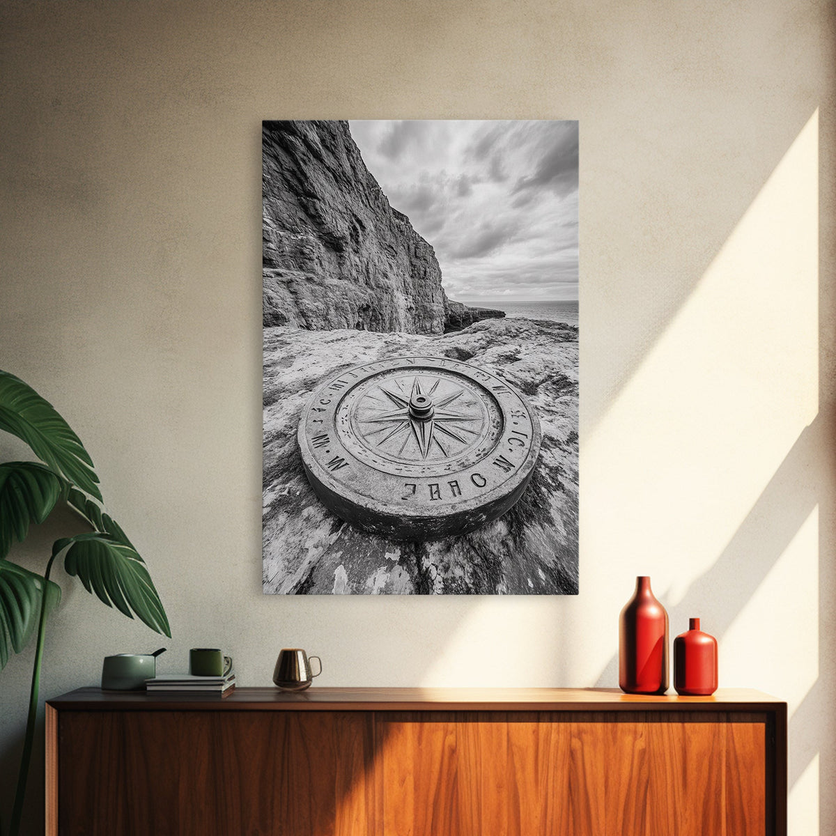 Compass On Cliff, Adventure Travel Art, Nautical Wall Decor, Framed Canvas Print