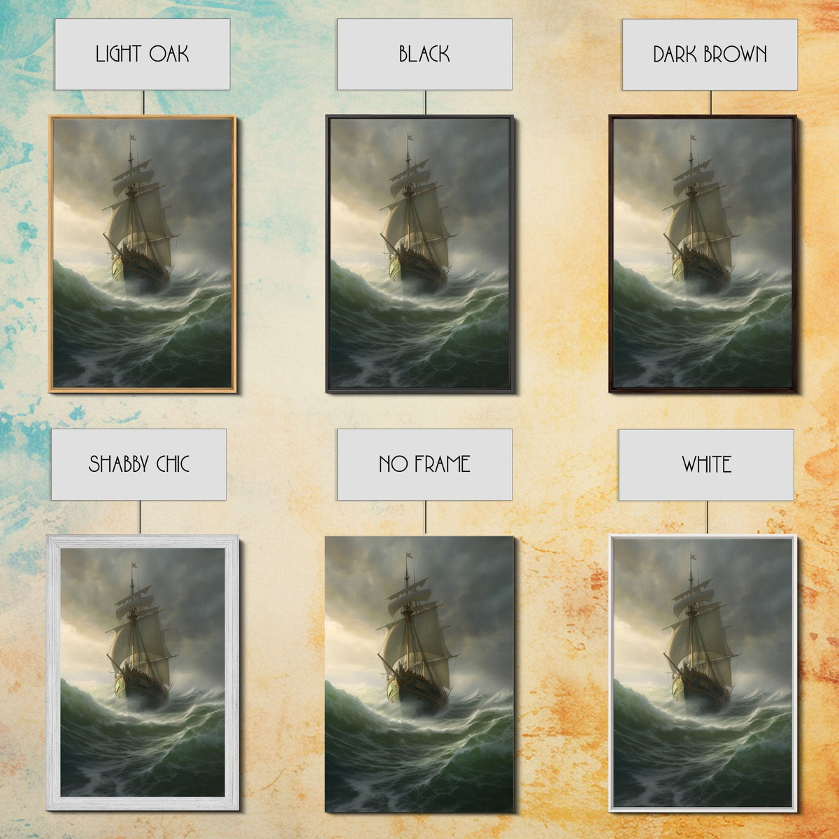 Haunted Pirate Ghost Ship On Rough Seas, Framed Canvas Print