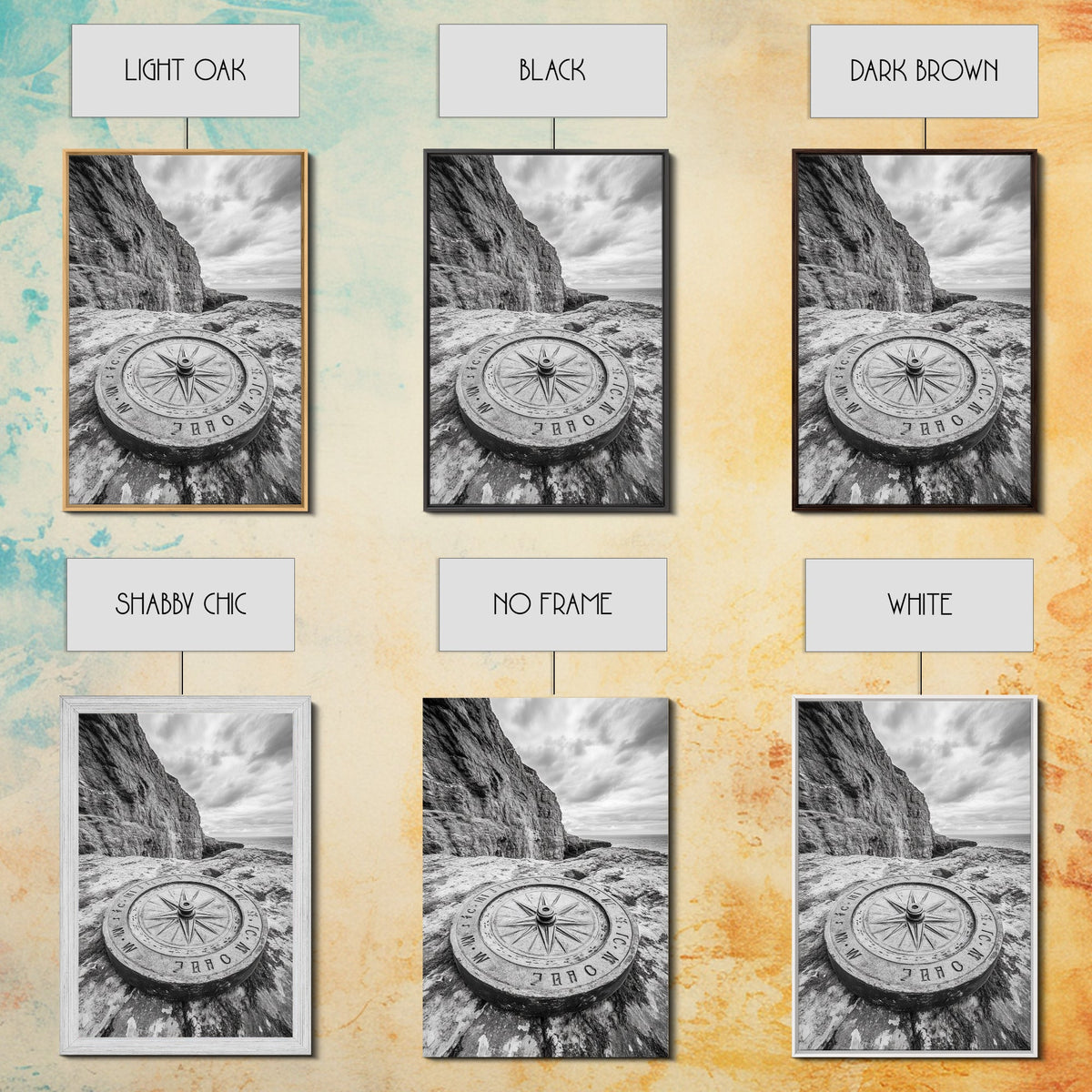 Compass On Cliff, Adventure Travel Art, Nautical Wall Decor, Framed Canvas Print