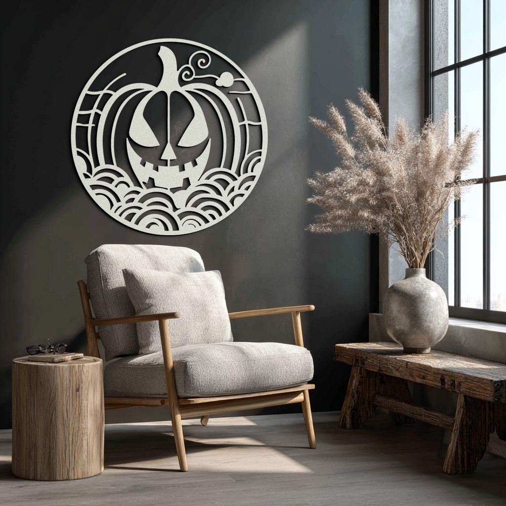 Pumpkin Halloween Silhouette Metal Wall Art – Spooky Round Black Decor- KAF327