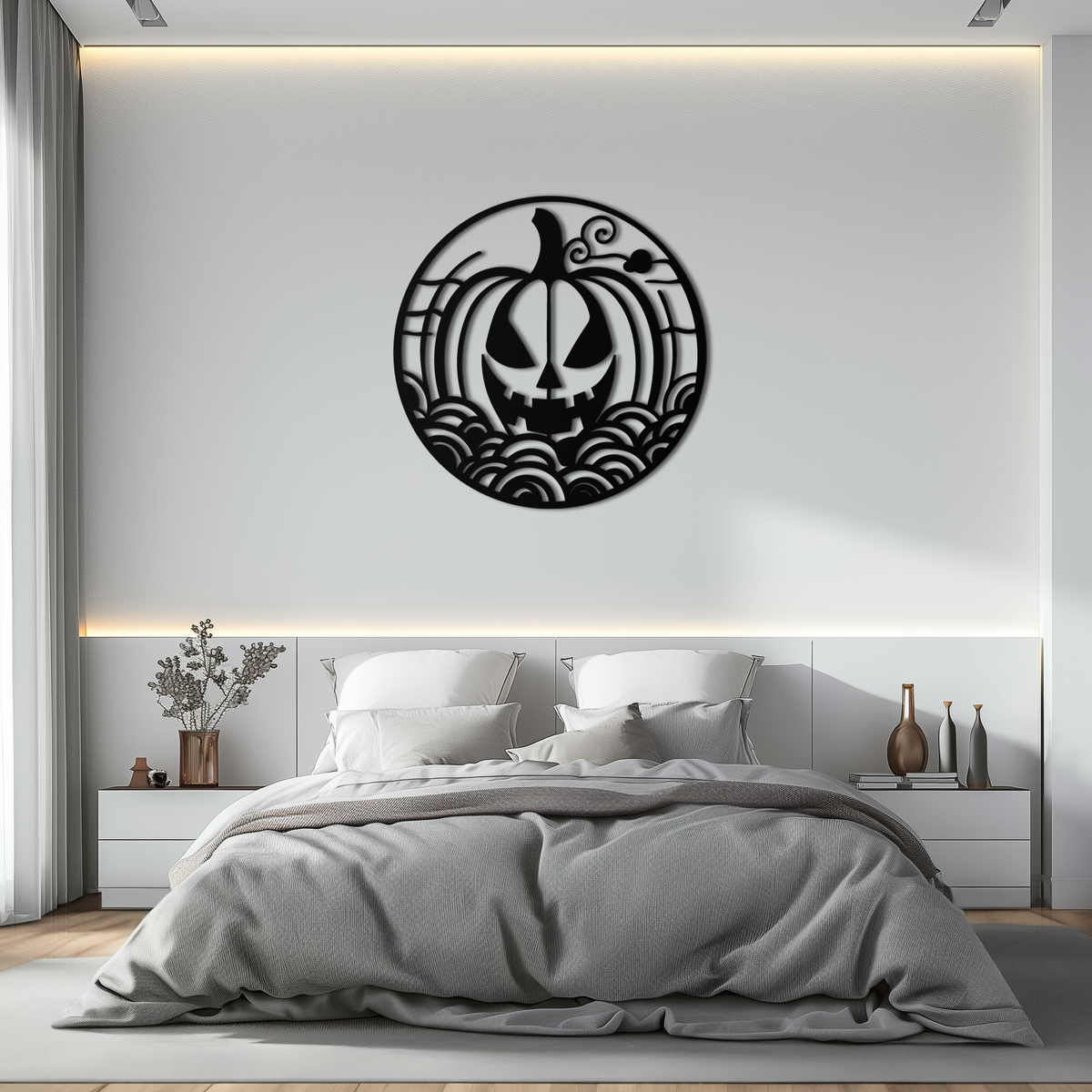 Pumpkin Halloween Silhouette Metal Wall Art – Spooky Round Black Decor- KAF327